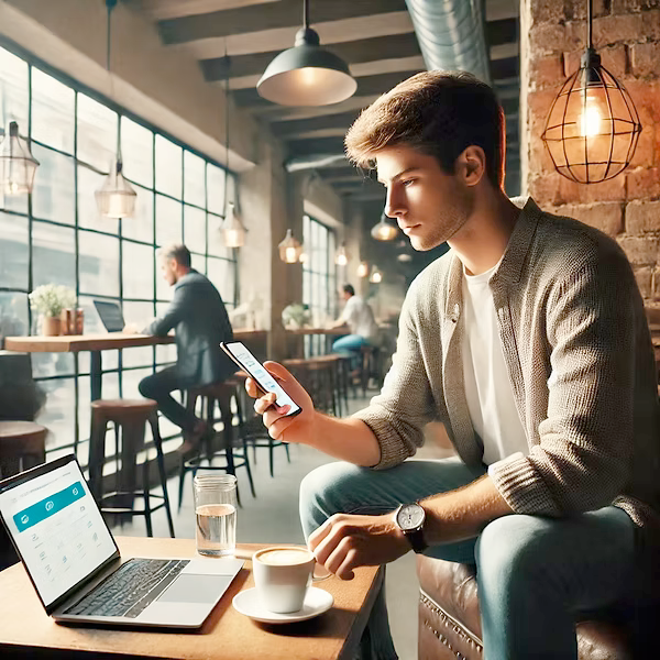 Young man using mobile banking in a modern cafe